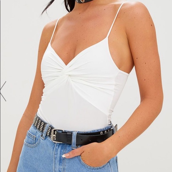 Prettylittlething Cream Silky Knot Front Bodysuit - Picture 2 of 3